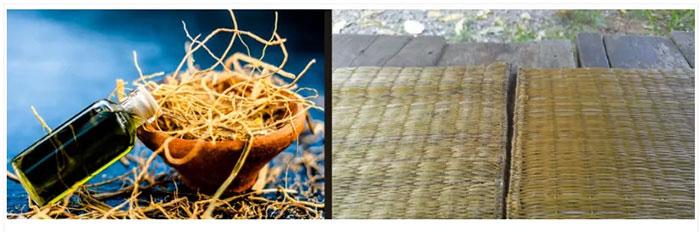 Rễ của cỏ vetiver, còn được gọi là Khus, được phơi khô và dệt thành chiếu.
