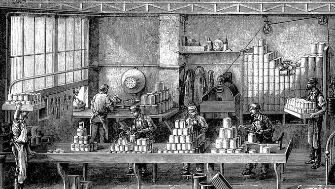 dong-hop-thuc-pham Công nhân gắn mã và hàn lon thực phẩm ở Pháp vào năm 1870.