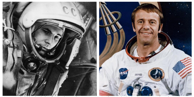 phi-hanh-gia-nga Hai phi hành gia huyền thoại của Liên Xô và Mỹ: Yuri Gagarin (trái, Liên Xô) và Alan Shepard (Mỹ).