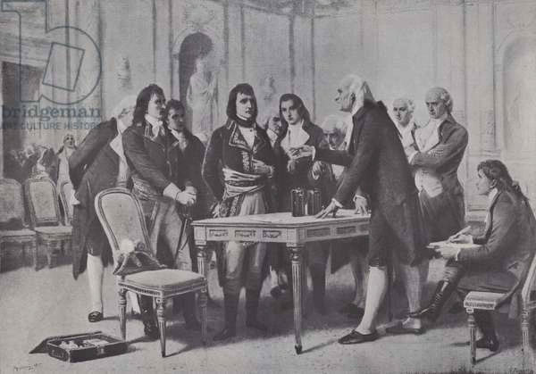 Nhà vật lý Volta trình bày về pin ông phát minh cho vua Napoleon.